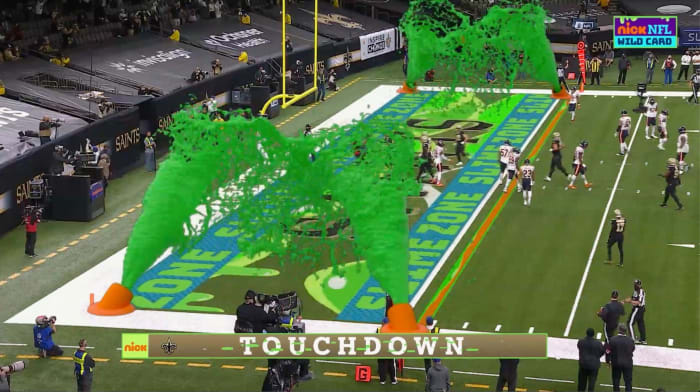 Graphics from Nickelodeon's broadcast of a playoff game in 2020 between the Bears and Saints.